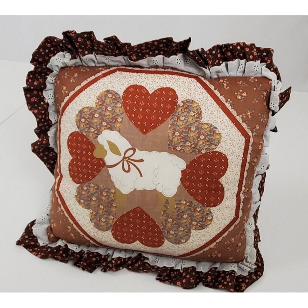 Throw Pillow Country Sheep Floral Hearts Lace Ruffled Handmade Cottagecore 14x14